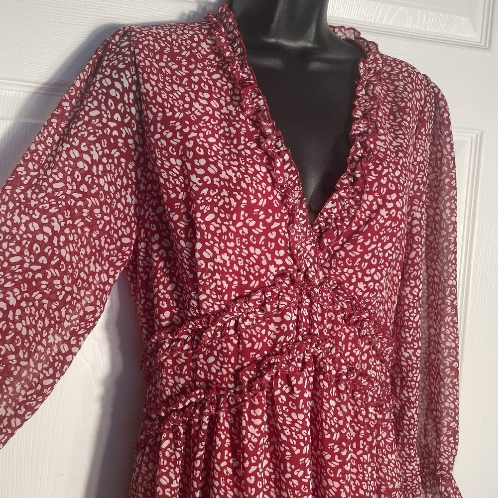 Red White Geometric Boho Dress Women XL Ruffles V Neck Chiffon Overlay Fairycore - Picture 2 of 11
